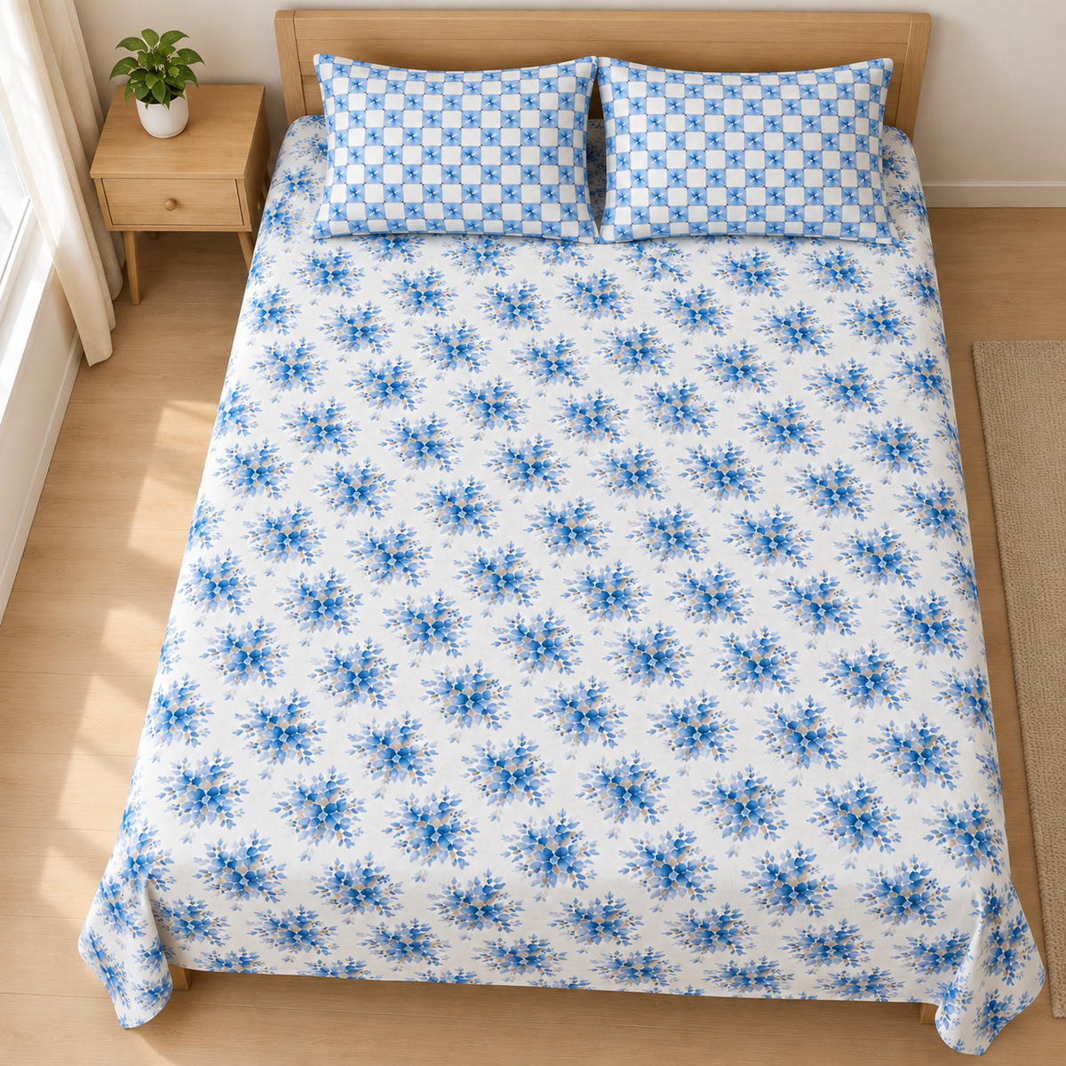 Blue Floral 3 PCs Printed Bedsheet Set