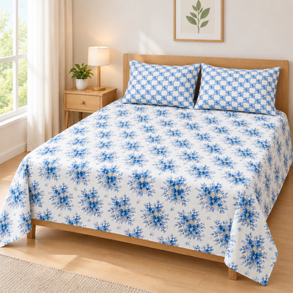 Blue Floral 3 PCs Printed Bedsheet Set