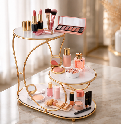 Luxury 3-Tier C-Shaped Vanity Organizer – Gold Frame with Black Base