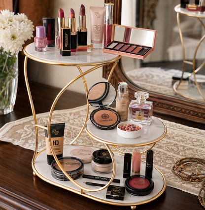 Luxury 3-Tier C-Shaped Vanity Organizer – Gold Frame with Black Base