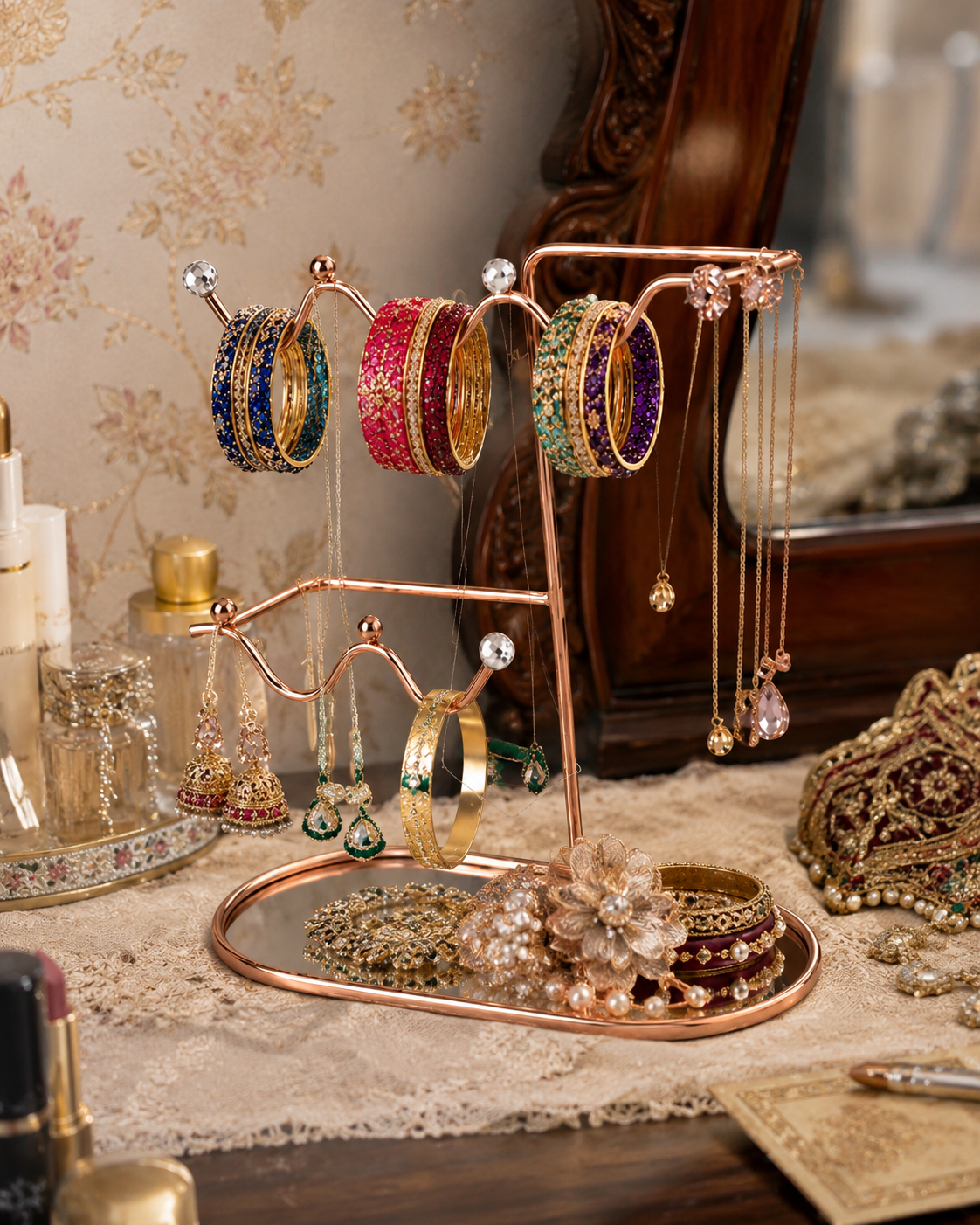 Premium Metal Jewelry Stand – Rose Gold Organizer