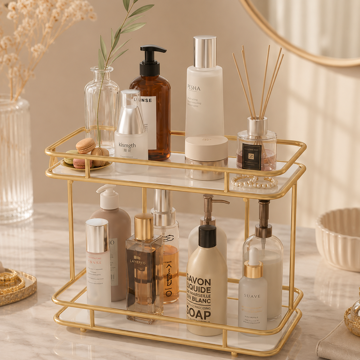 Luxury 2-Tier Cosmetics Shelf – Marble Glass Organizer