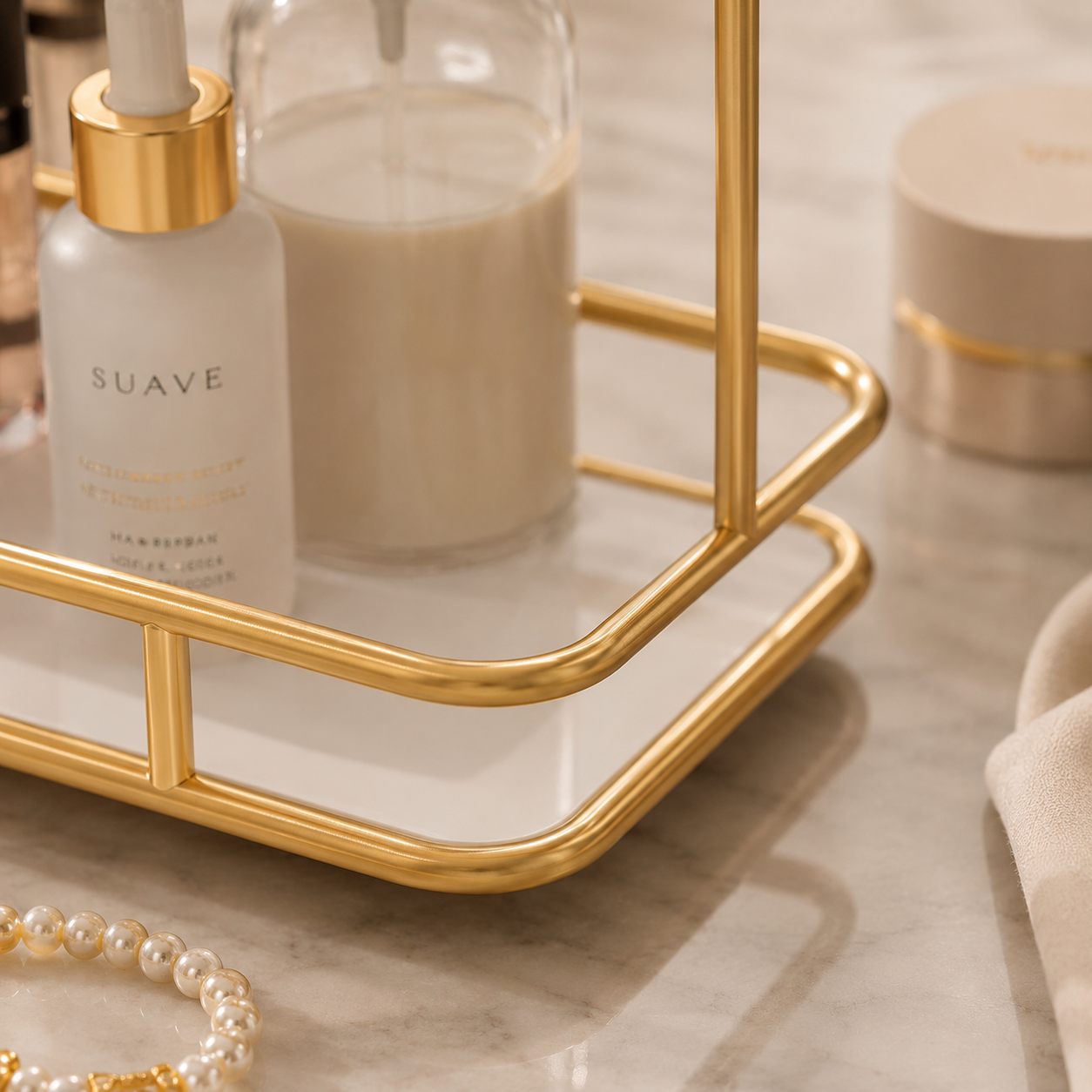 Luxury 2-Tier Cosmetics Shelf – Marble Glass Organizer