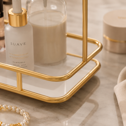 Luxury 2-Tier Cosmetics Shelf – Marble Glass Organizer
