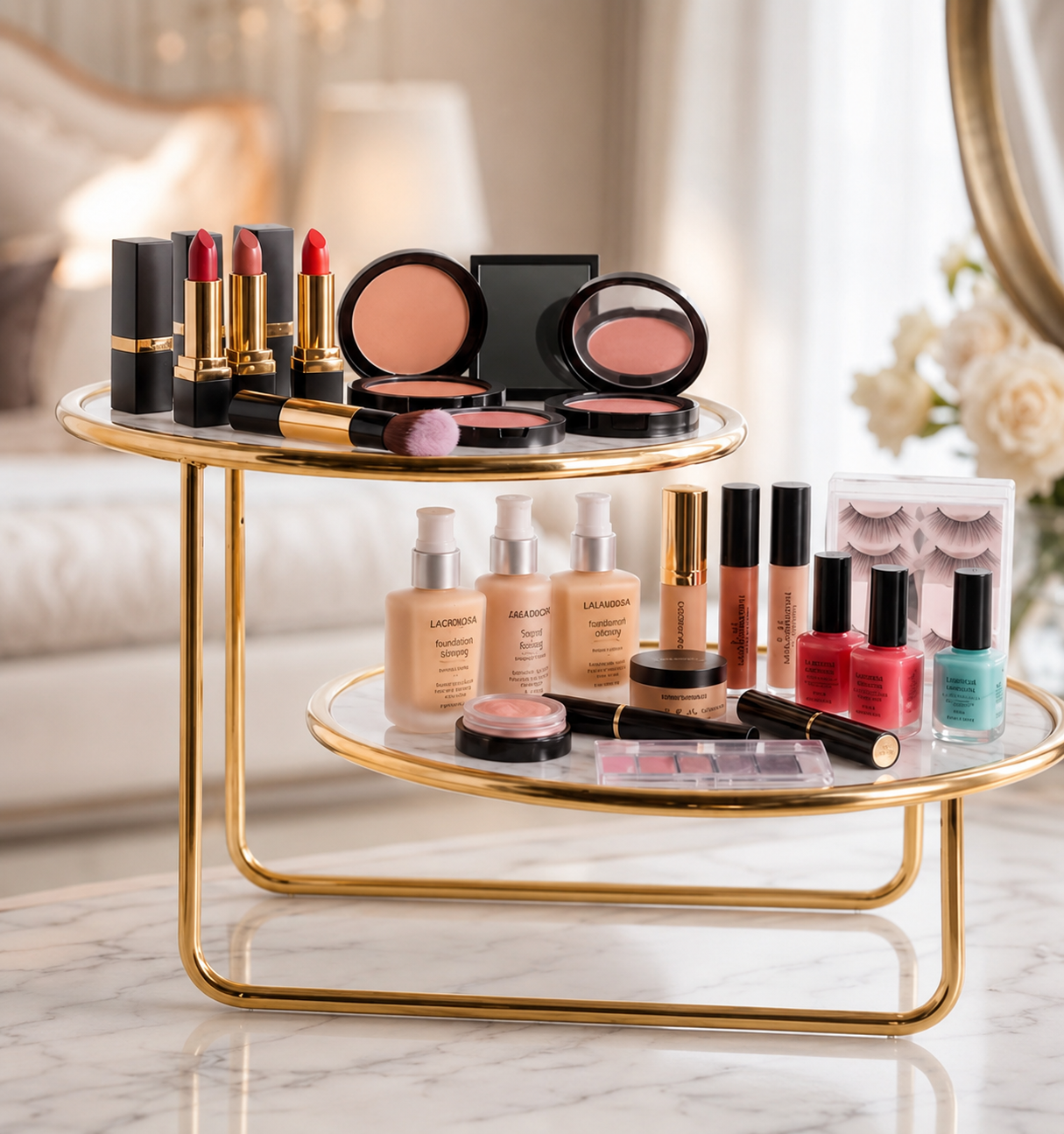 Luxury 2-Tier Offset Gold Cosmetic Organizer