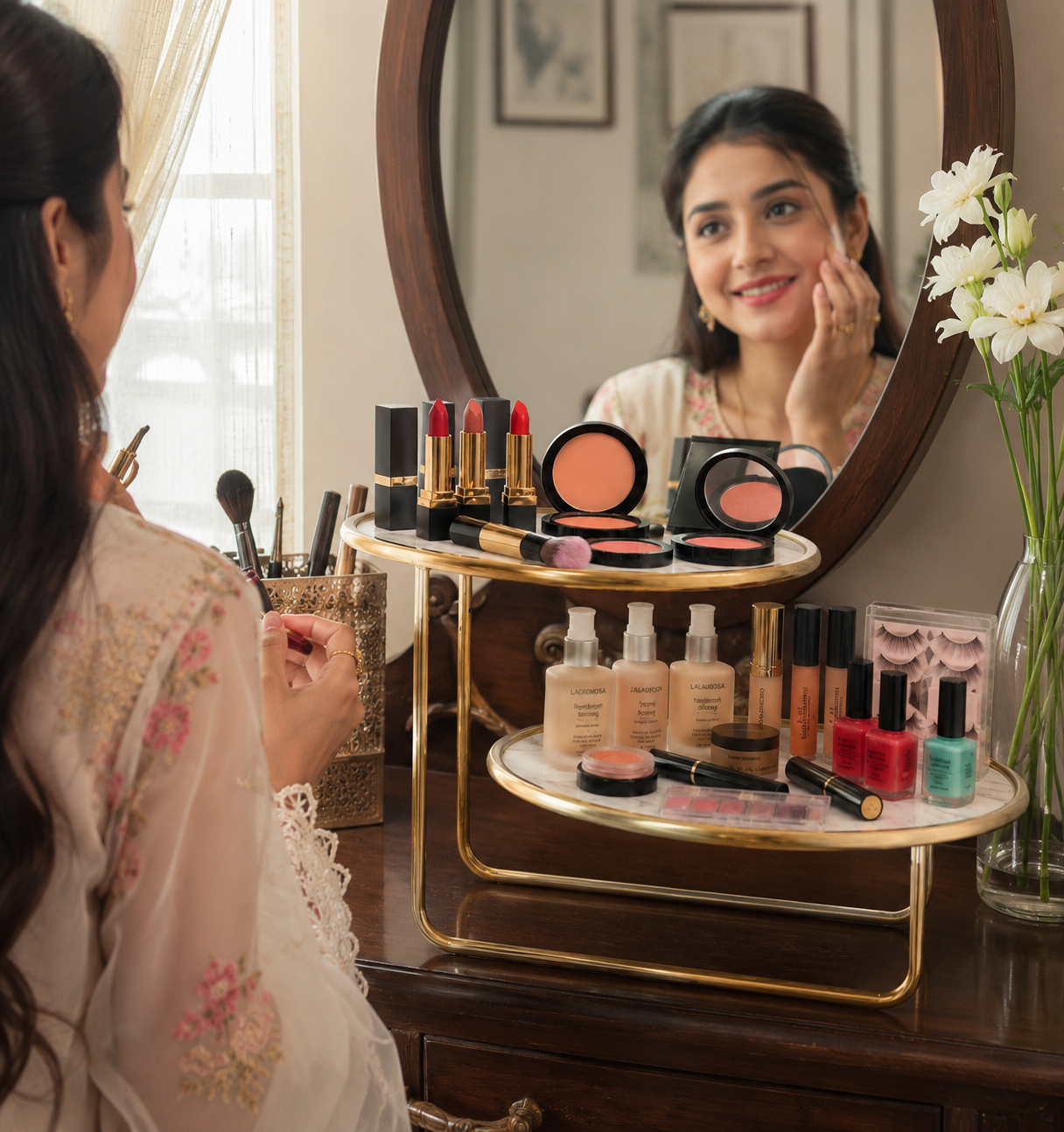Luxury 2-Tier Offset Gold Cosmetic Organizer