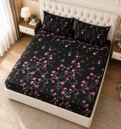 Purple Botanical 3 PCs Printed Bedsheet
