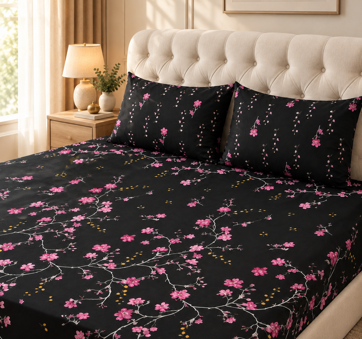 Purple Botanical 3 PCs Printed Bedsheet