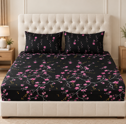 Purple Botanical 3 PCs Printed Bedsheet