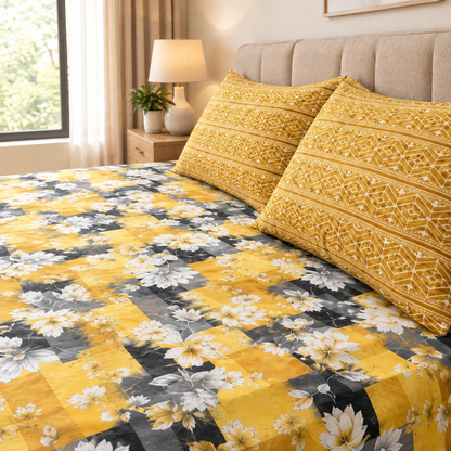 Cozy Mustard Printed 3 PCs Bedsheet Set