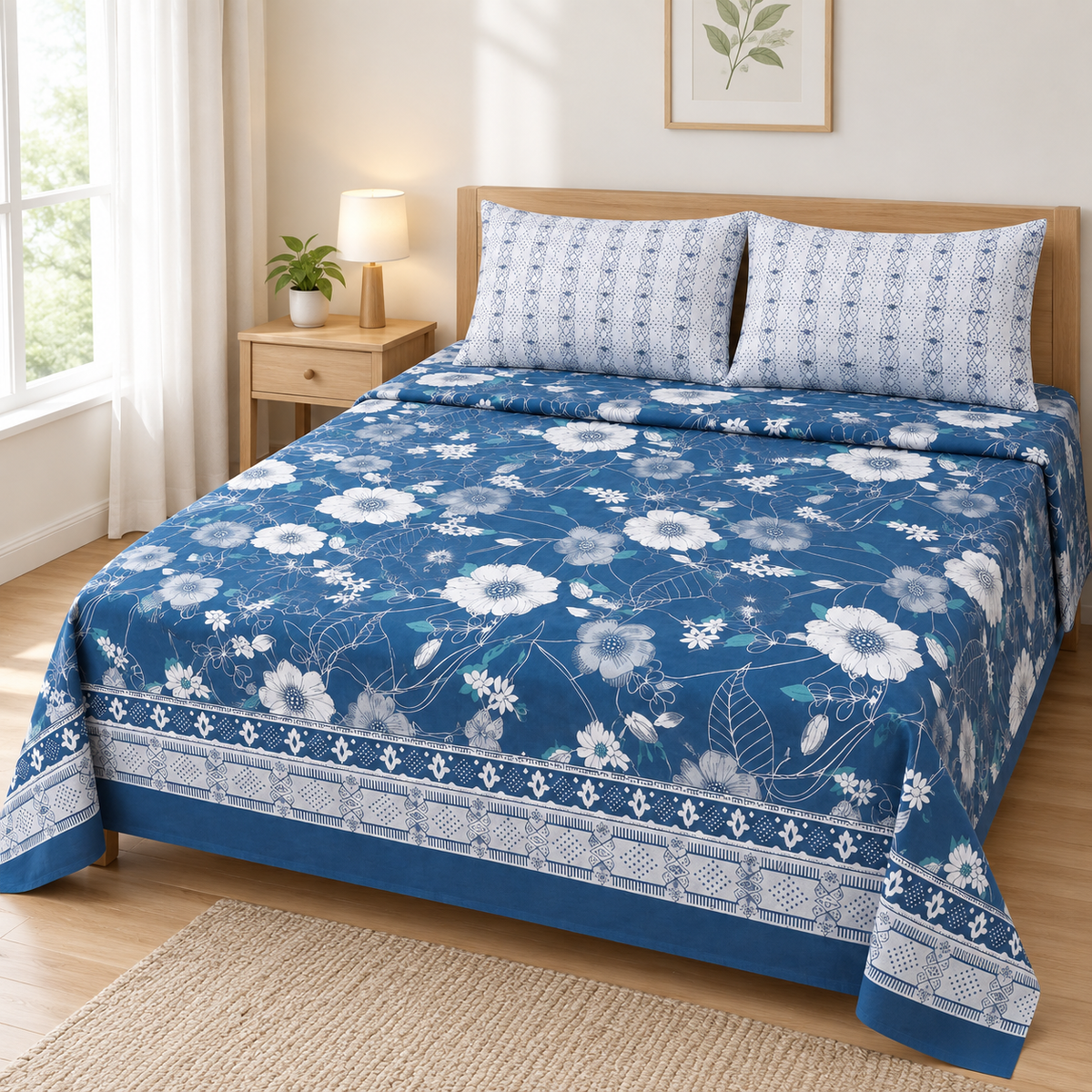 Blue Vignette Printed 3 PCs Bedsheet Set