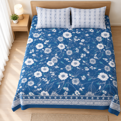 Blue Vignette Printed 3 PCs Bedsheet Set