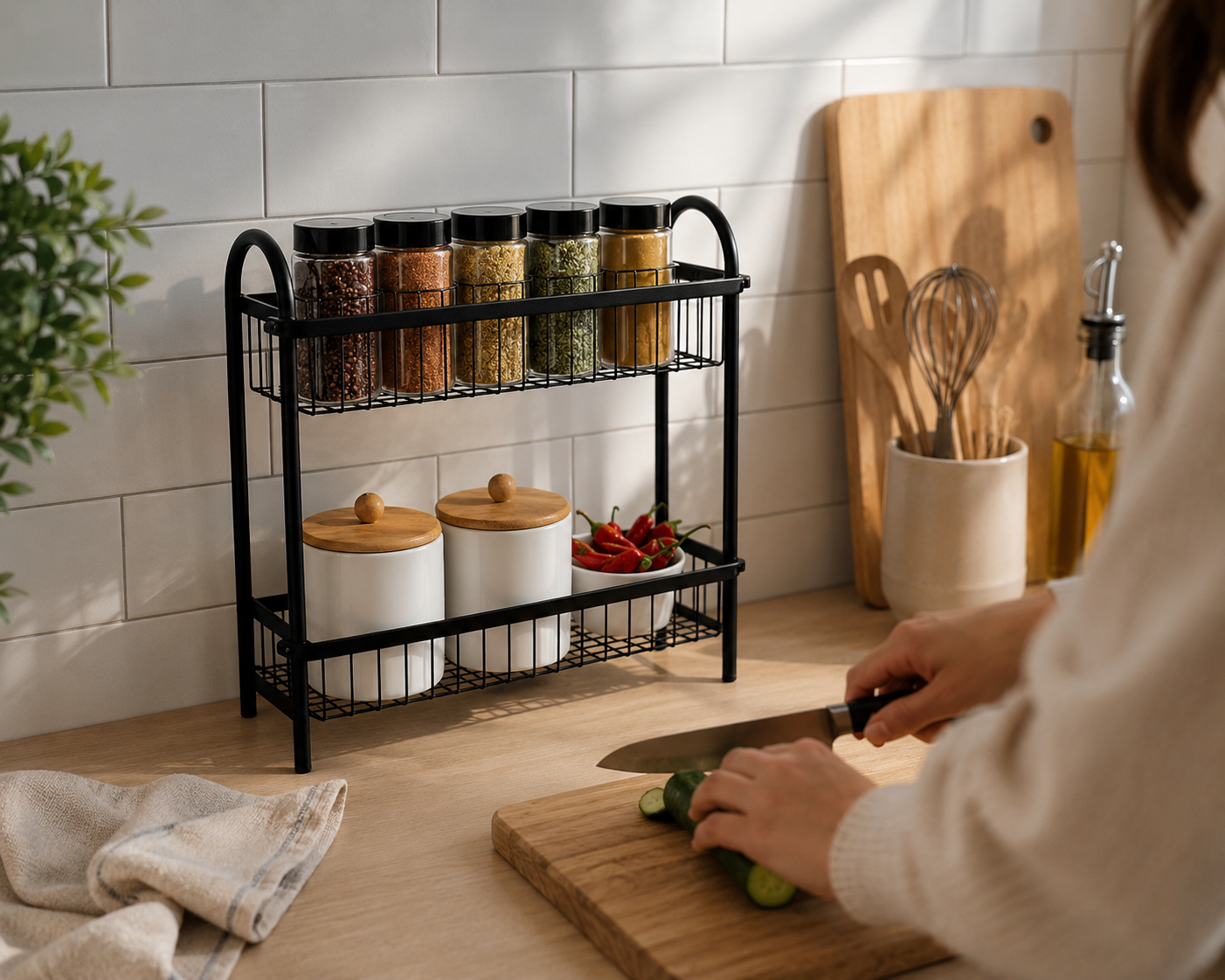 Premium Metal 2 Tier Wall Mounted Spice Rack Organizer
