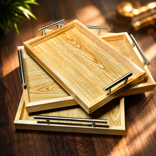 Luxury Wooden Serving Tray Set – Set of 3 with Steel Handles
