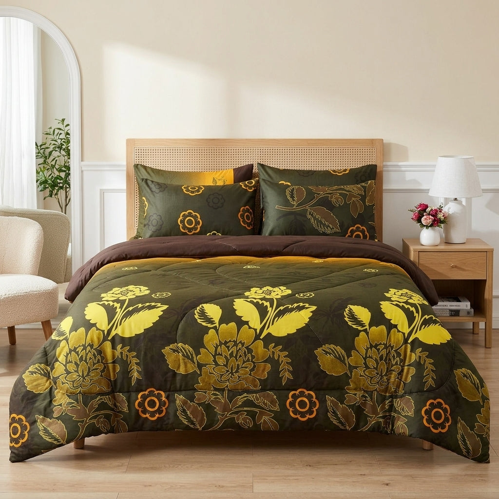 6 PCs Green Palm Printed Comforter set