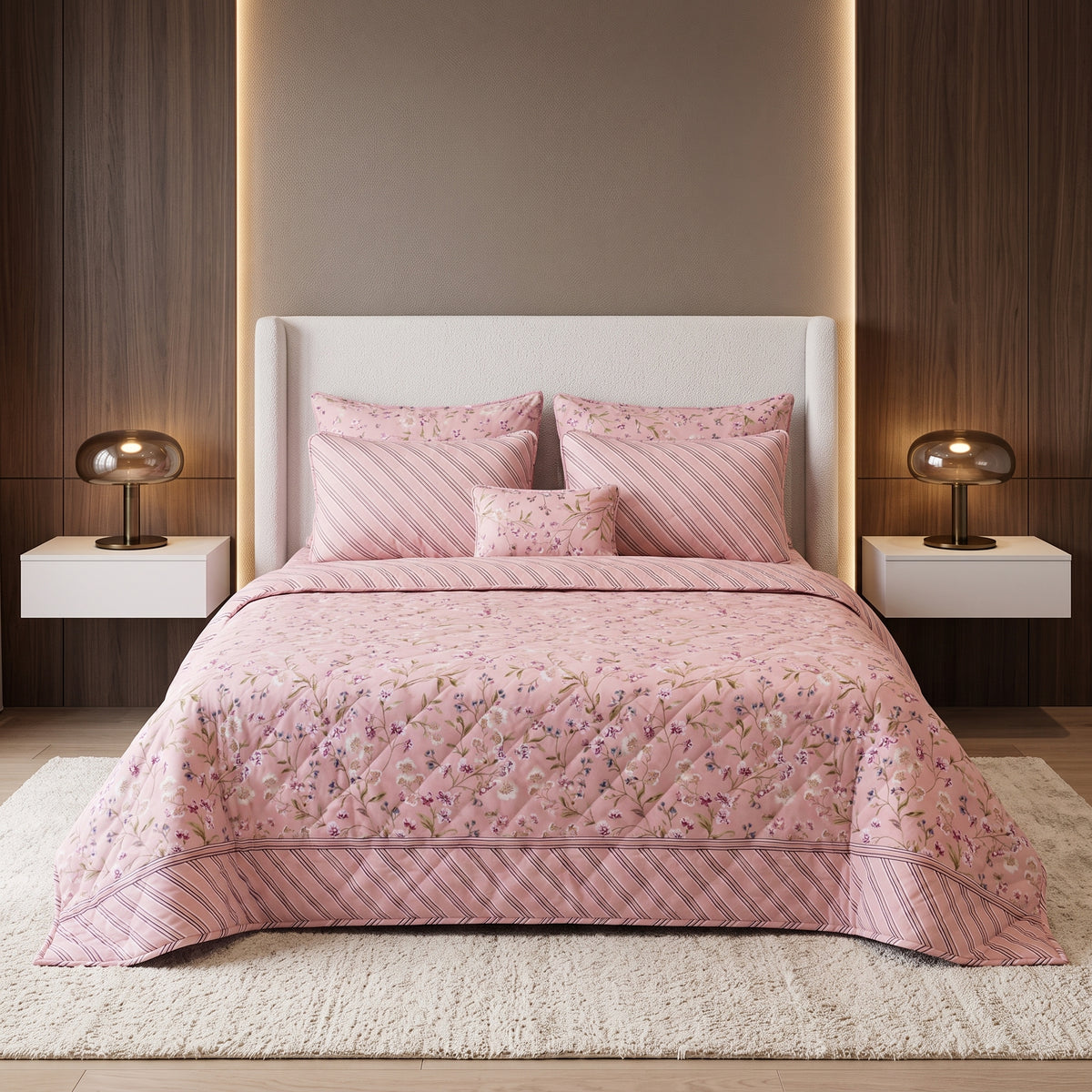 7 PCs Delicate Pink Printed Comforter set