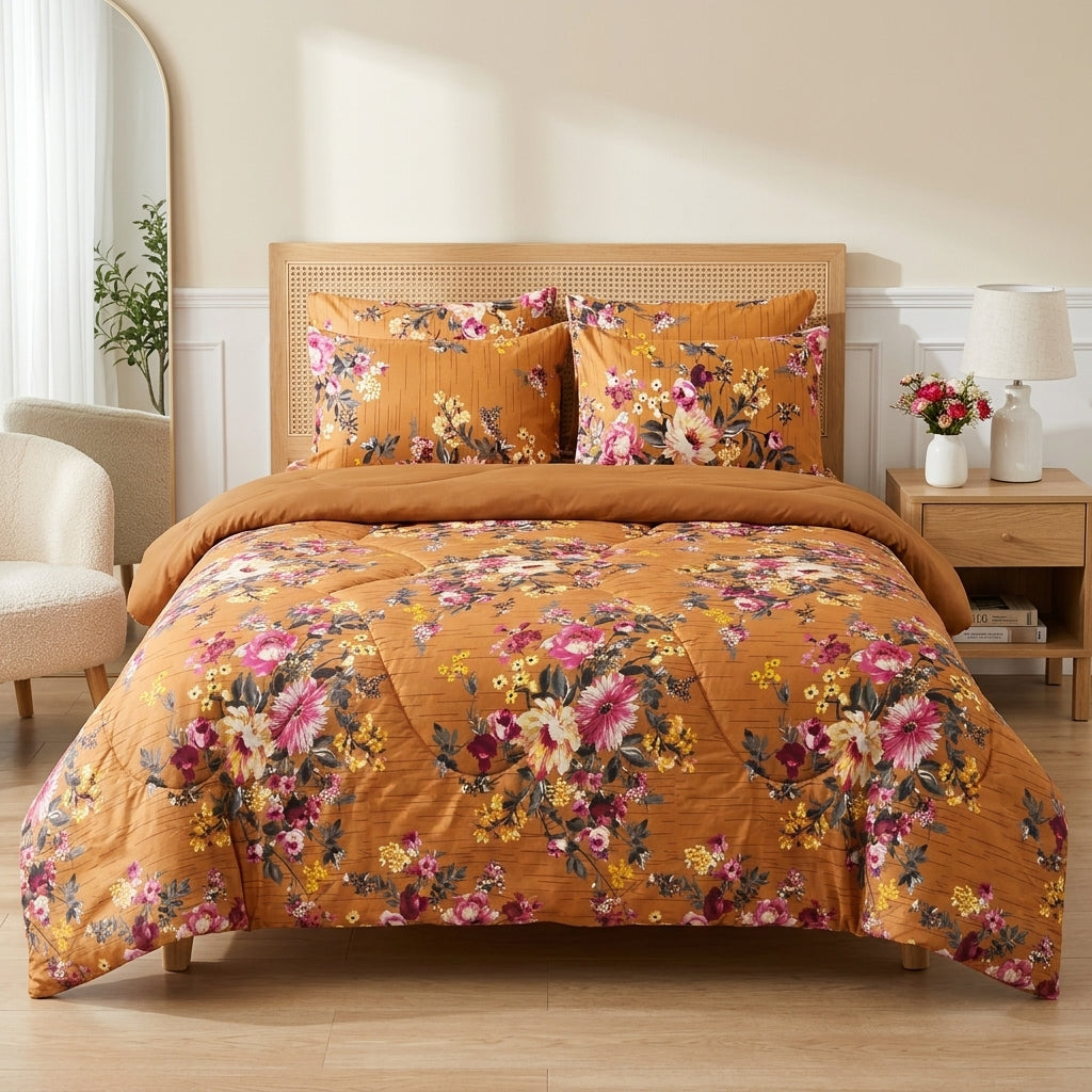 6 PCs Yellow Tree Printed Comforter set