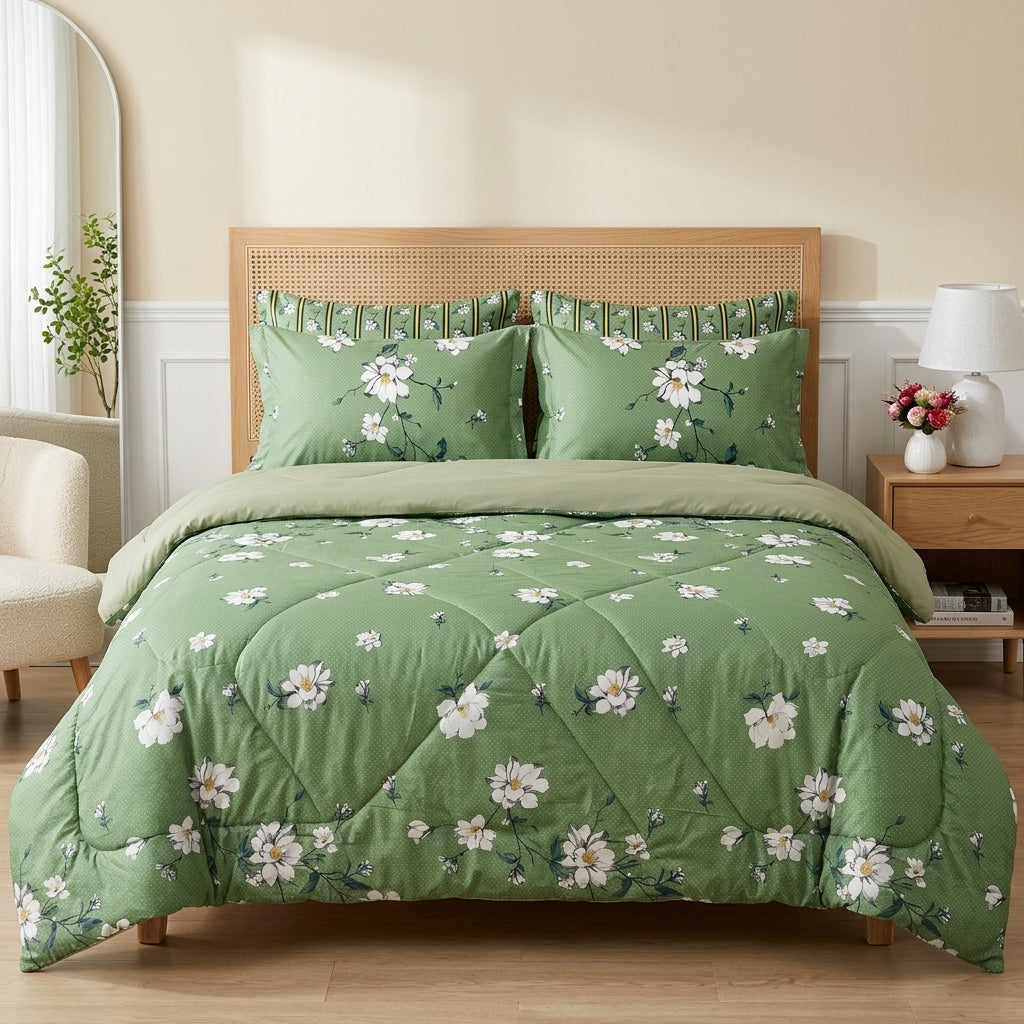 6 PCs Green Forest Printed Comforter set