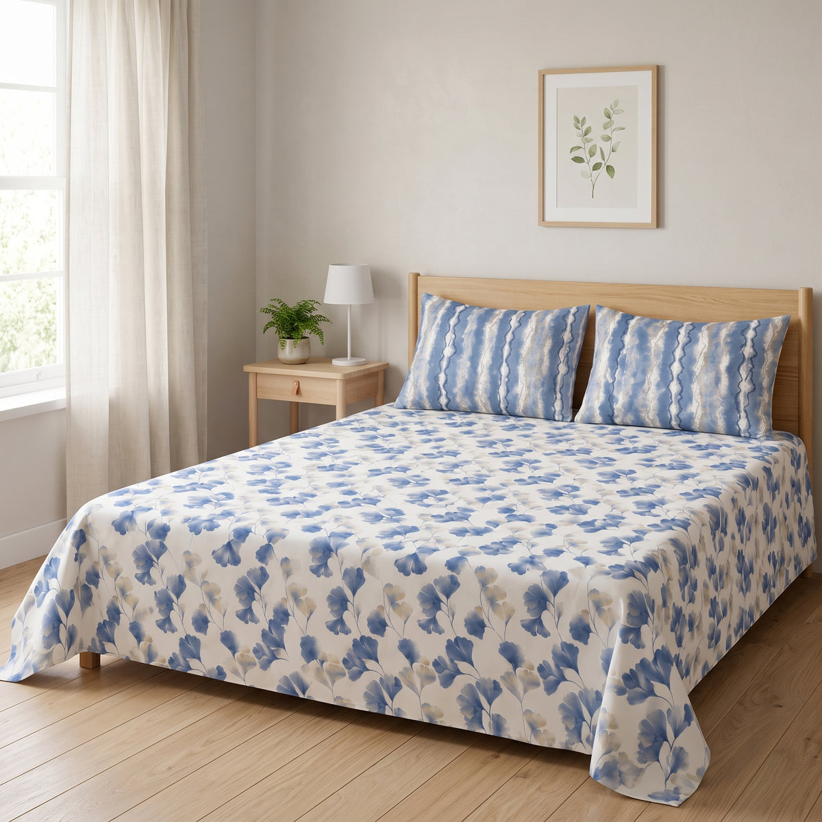 Ginkgo Blue 3 PCs Bedsheet Set