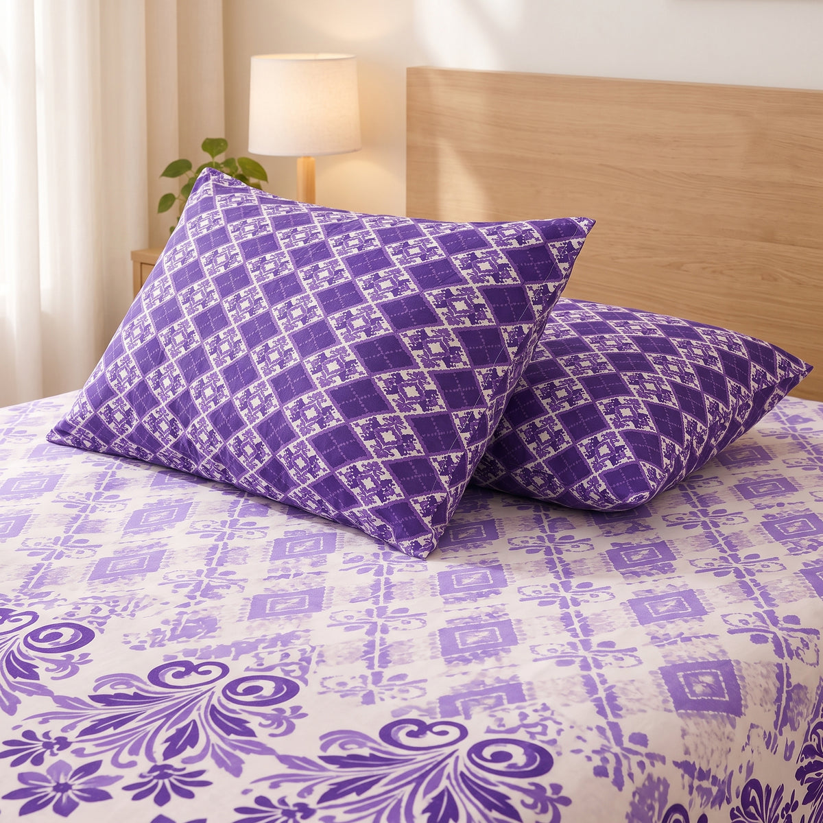Purple Patterned 3 PCs Printed Bedsheet Set