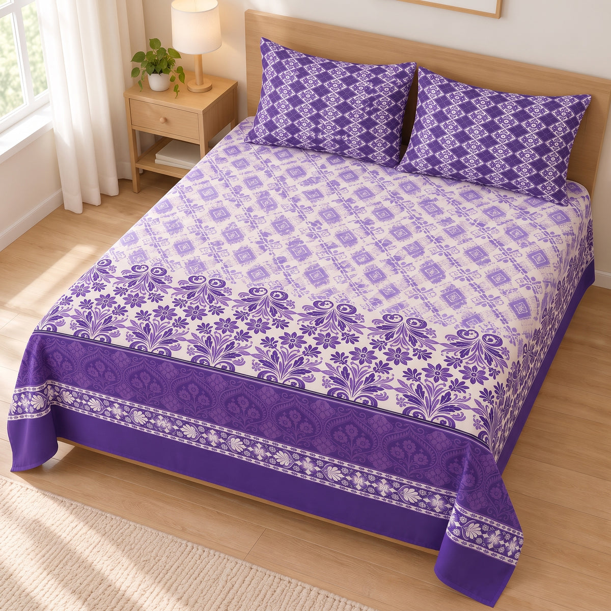 Purple Patterned 3 PCs Printed Bedsheet Set