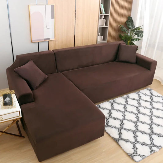 L-Shape Fitted Jersey Sofa Cover - Brown