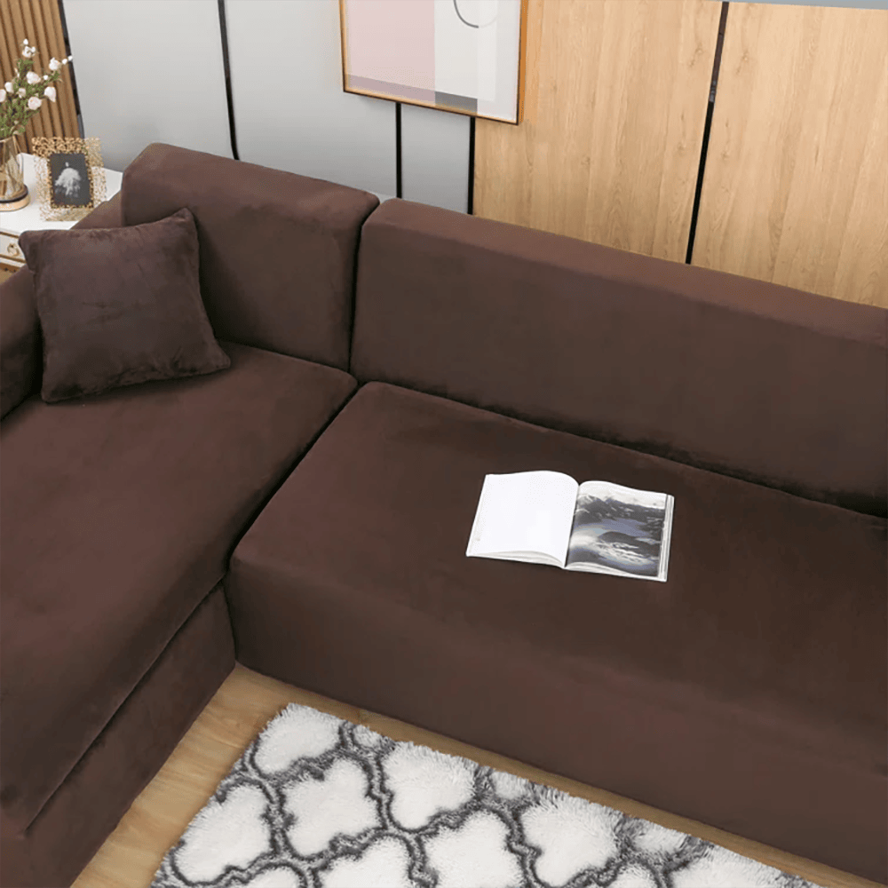 L-Shape Fitted Jersey Sofa Cover - Brown