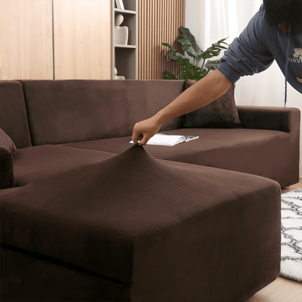 L-Shape Fitted Jersey Sofa Cover - Brown