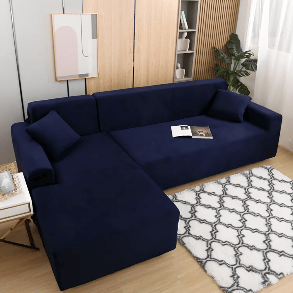 L-Shape Fitted Jersey Sofa Cover - Navy Blue