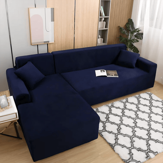 L-Shape Fitted Jersey Sofa Cover - Navy Blue