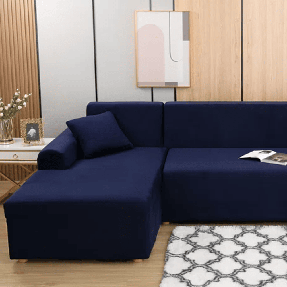 L-Shape Fitted Jersey Sofa Cover - Navy Blue