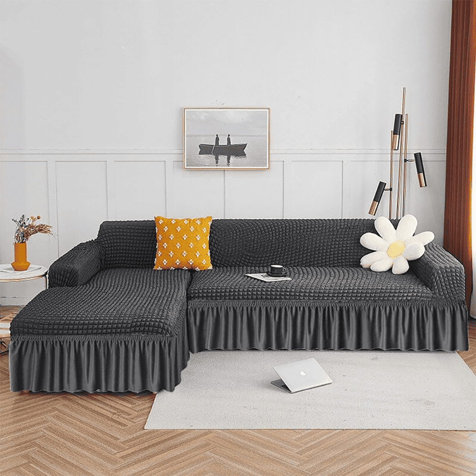 L Shape Turkish Bubble Sofa Cover - Dark Grey