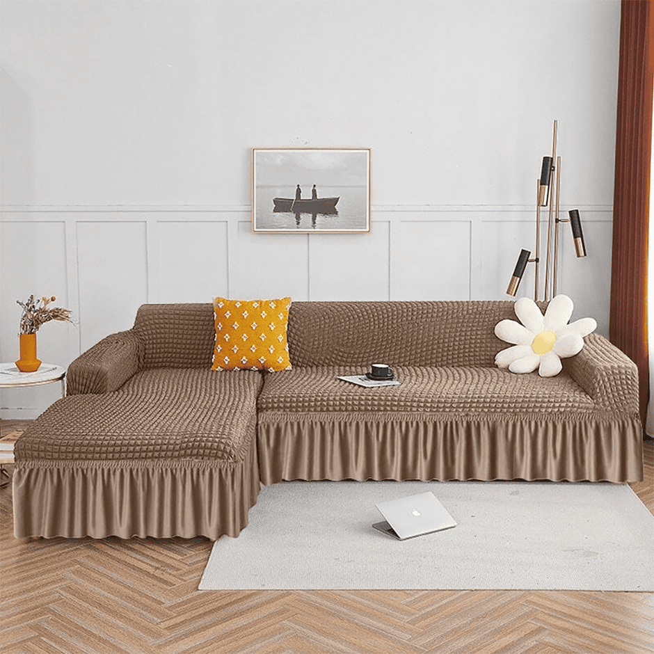 L Shape Turkish Bubble Sofa Cover - Light Brown