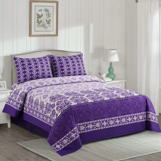 Purple Patterned 3 PCs Printed Bedsheet Set