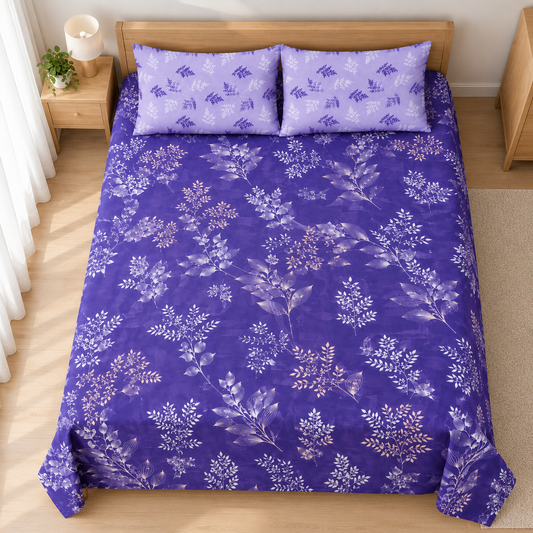 Purple Botanical 3 PCs Printed Bedsheet Set