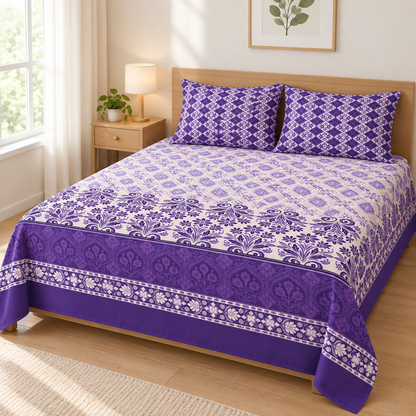 Purple Patterned 3 PCs Printed Bedsheet Set