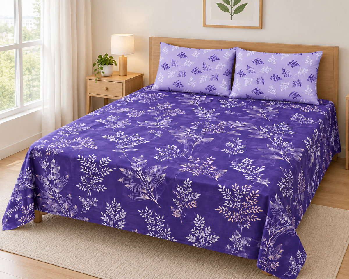Purple Botanical 3 PCs Printed Bedsheet Set