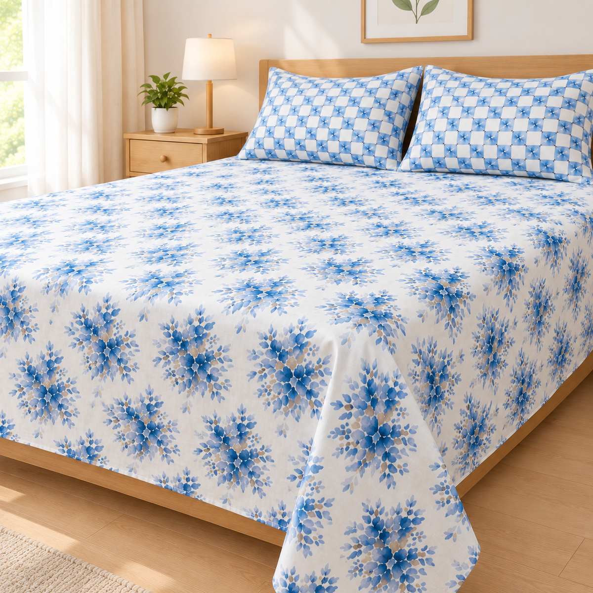 Blue Floral 3 PCs Printed Bedsheet Set