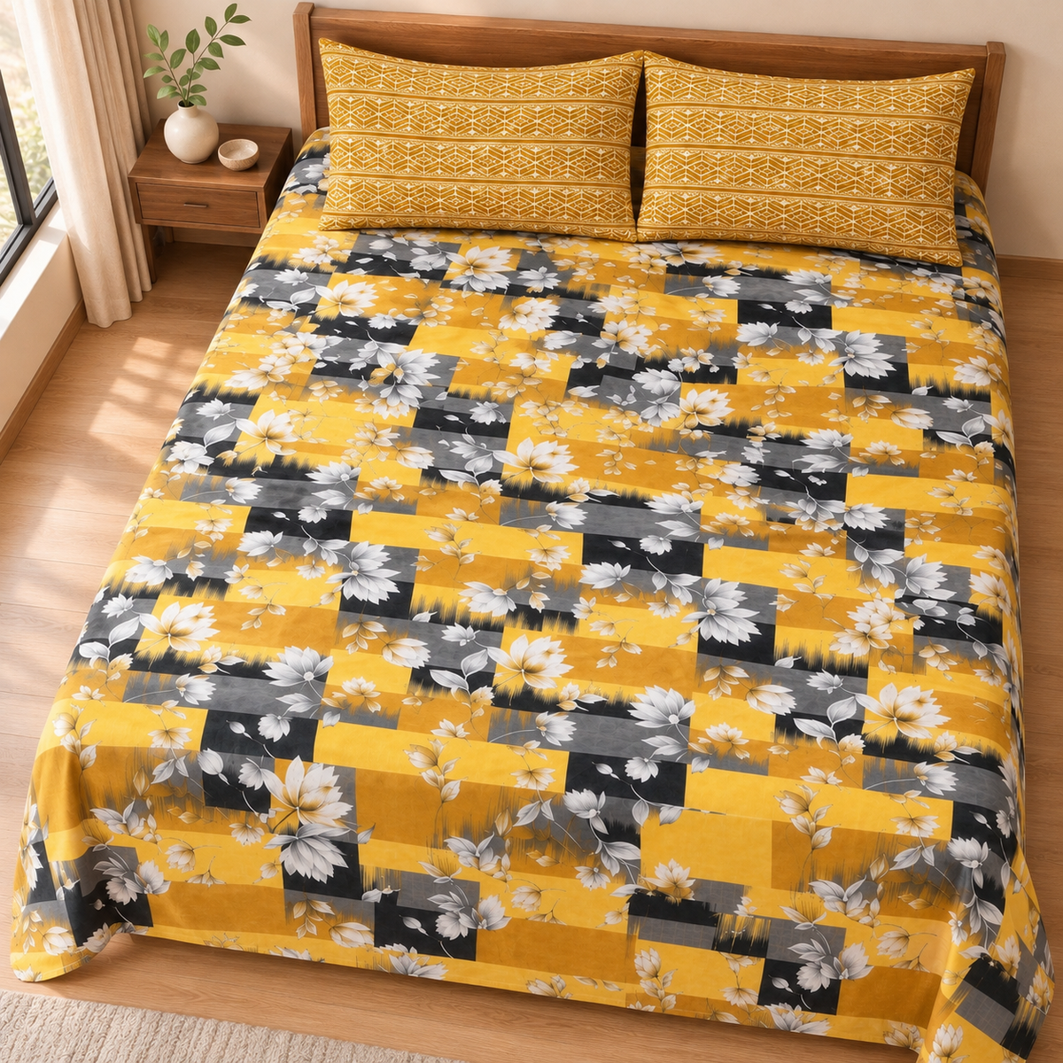 Cozy Mustard Printed 3 PCs Bedsheet Set