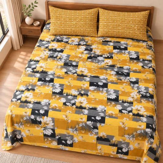 Cozy Mustard Printed 3 PCs Bedsheet Set