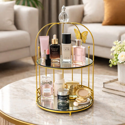 2 Tire Butterfly Design Gold Makeup Organizer