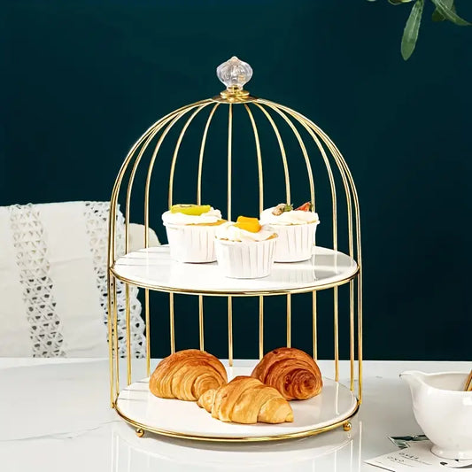 2 Tire Cosmetics Cage Organizer – Makeup Holder and Cake Stand with Bird Cage Design Trays