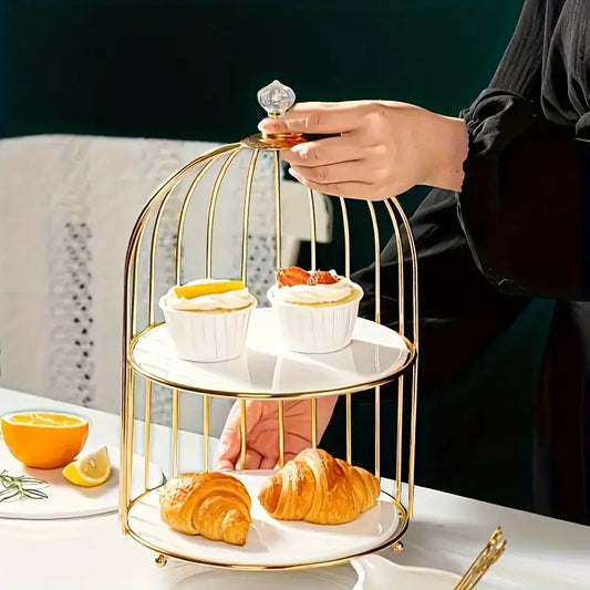 2 Tire Cosmetics Cage Organizer – Makeup Holder and Cake Stand with Bird Cage Design Trays