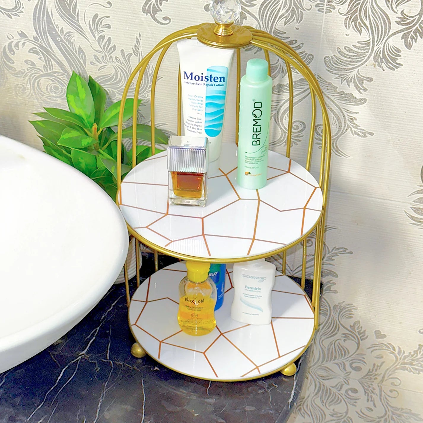 2-Tier Golden Vanity Organizer – Marble Finish Storage Rack