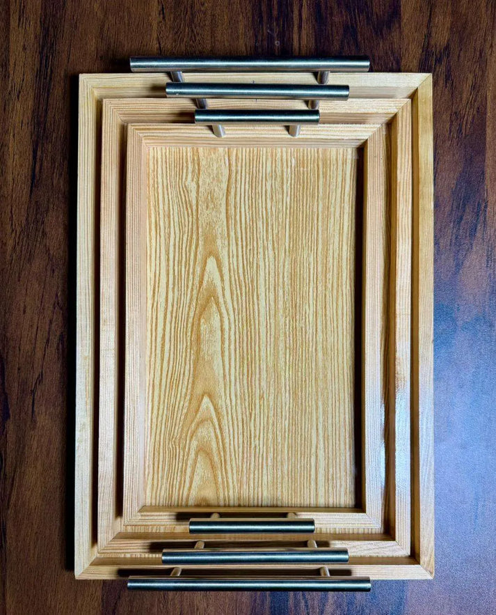 Luxury Wooden Serving Tray Set – Set of 3 with Steel Handles