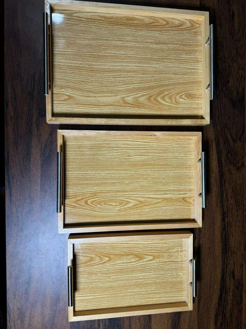 Luxury Wooden Serving Tray Set – Set of 3 with Steel Handles