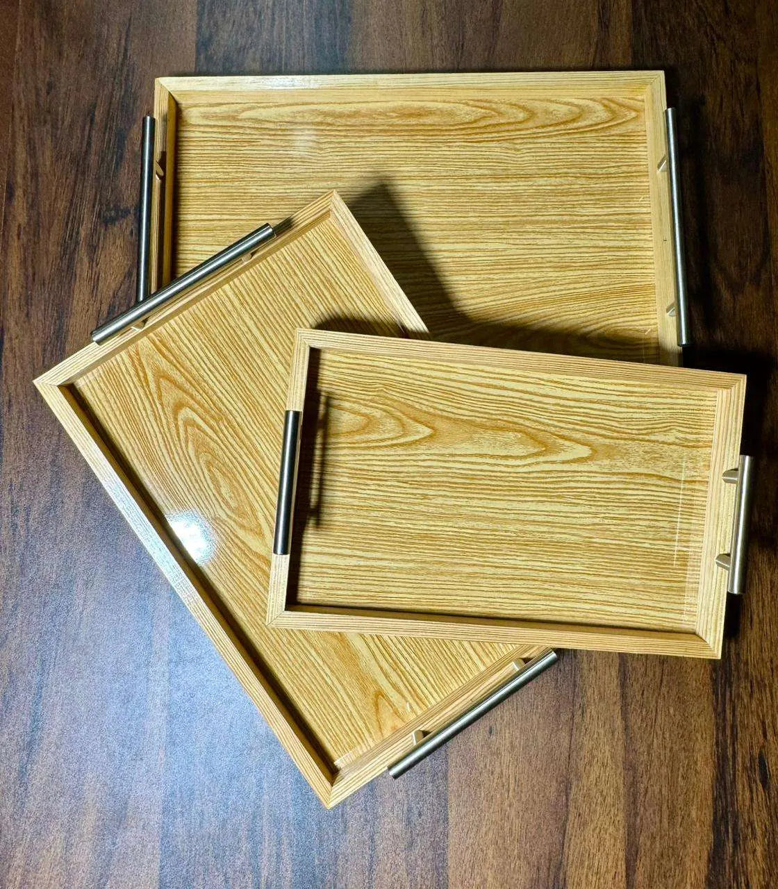 Luxury Wooden Serving Tray Set – Set of 3 with Steel Handles